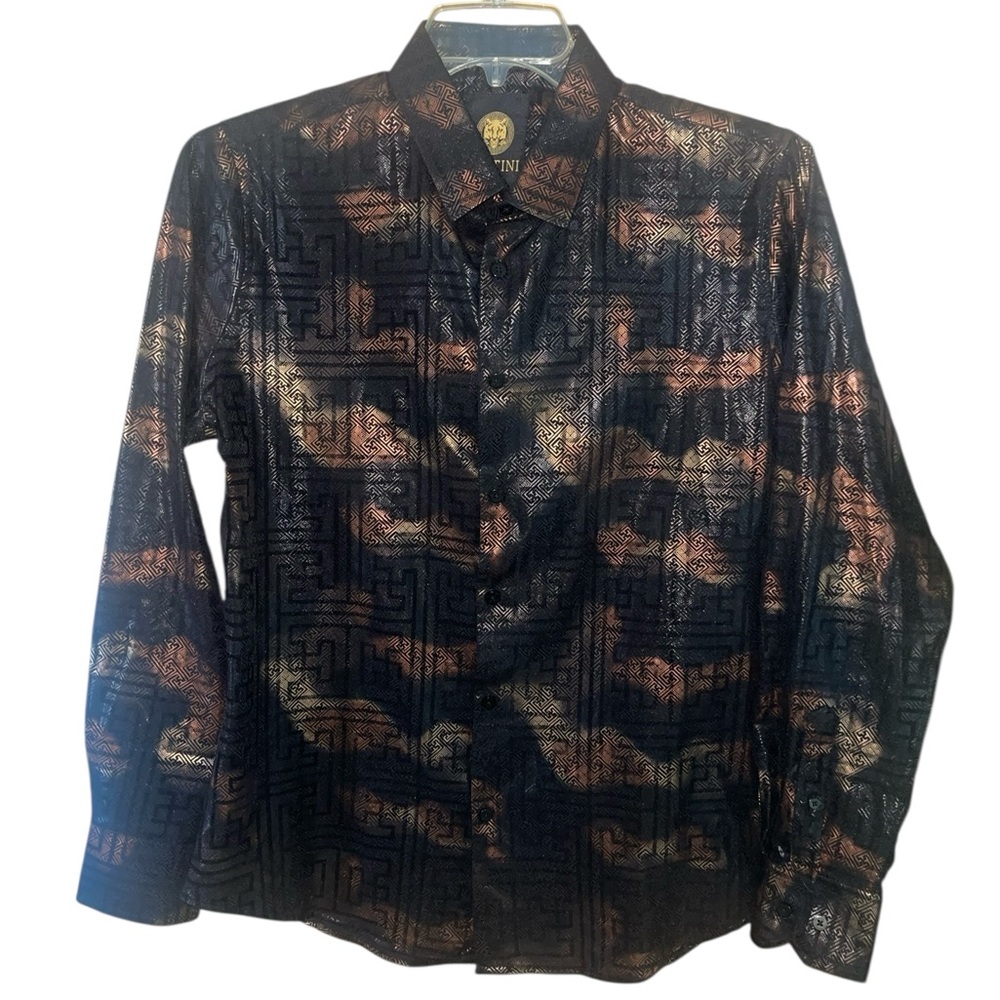 Platini black/bronze foiled Metallic button down shirt. Size medium GUC - Picture 5 of 10